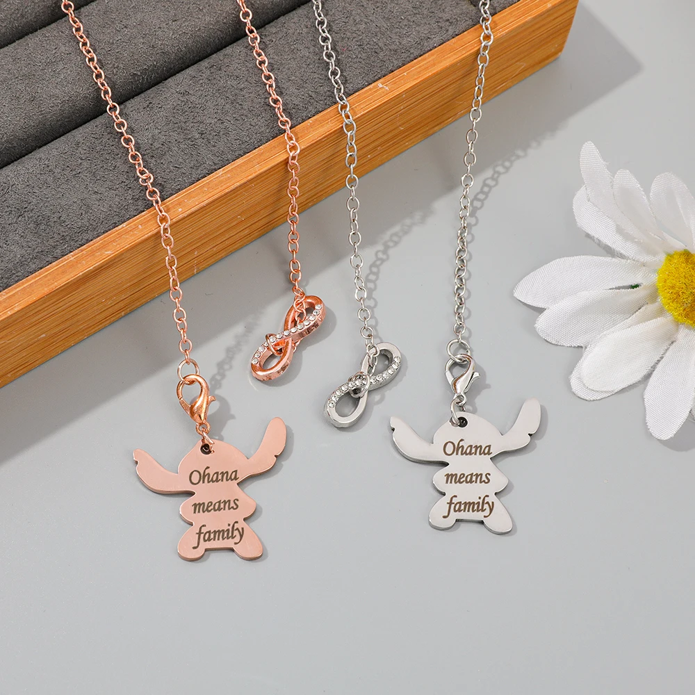 الفولاذ المقاوم للصدأ "Ohana يعني الأسرة" قلادة إنفينيتي قلادة الكرتون غرزة مجوهرات هدية للنساء عشاق هدية الصداقة