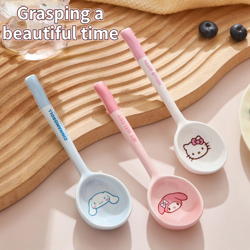 

Exquisite Sanrio Hello Kitty Ceramic Long Handled Soup Spoon Kawaii Melody Cinnamoroll Ice Cream Dessert Spoon Kitchen Supplies