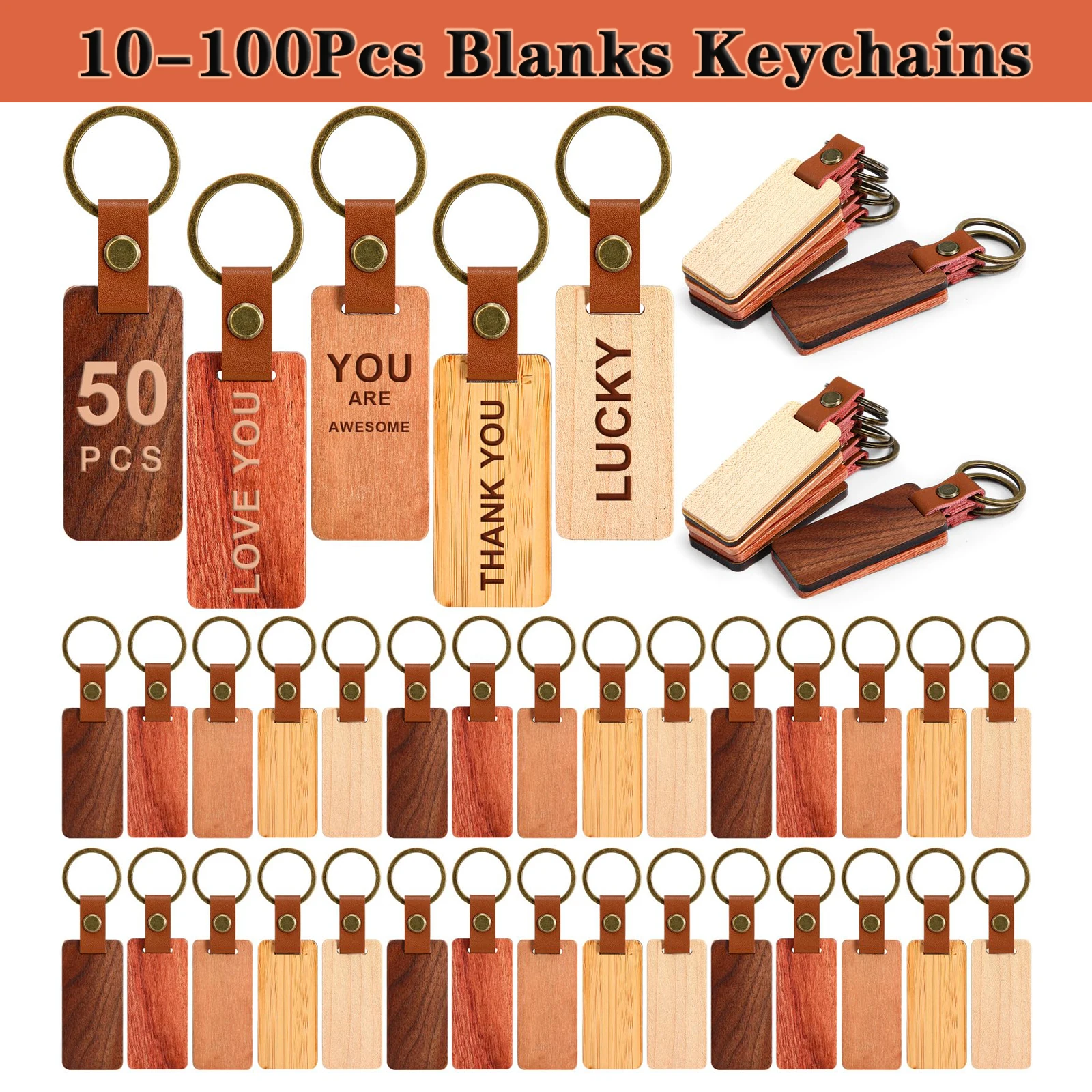 10-100Pcs Blanks Wooden Keychain 5 Colors Rectangle Wood Key Chain with Leather Strap Unfinished Keyrings Gifts for Dad
