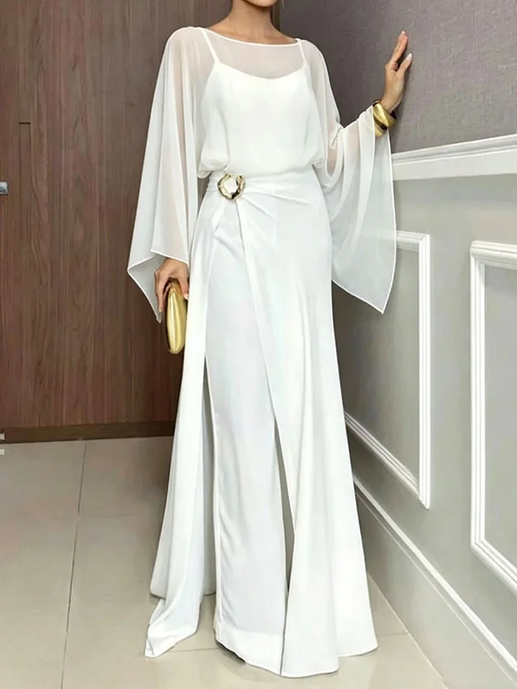

Women's Summer O Neck Long Sleeve Dress And Elegant Jumpsuit Two-Piece Set Solid Patchwork Casual Simple Streetwear Outfit 2026
