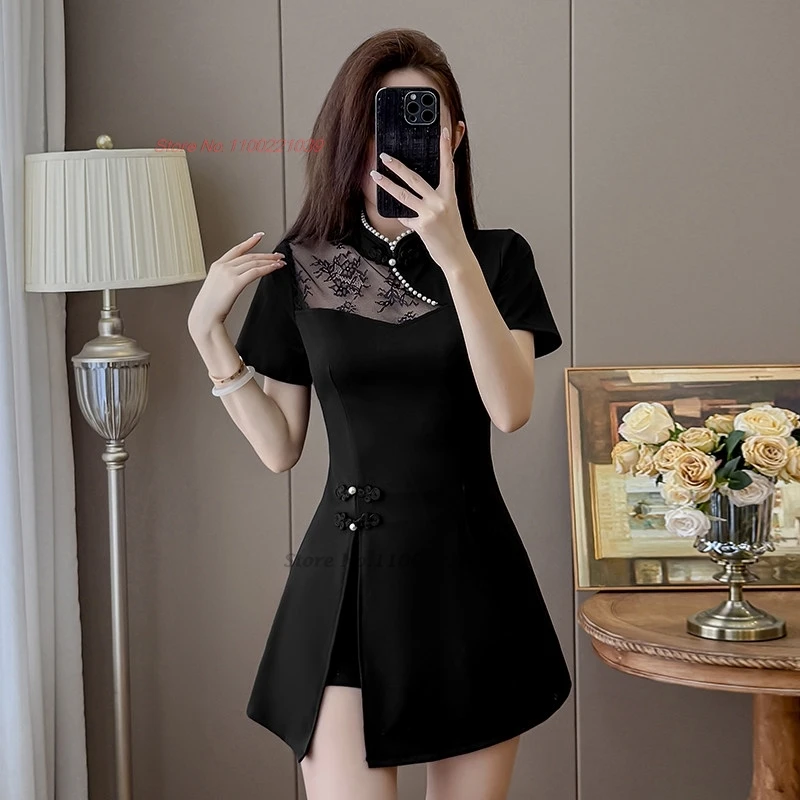 2026 chinese nightclub dress improved cheongsam retro lace patchwork qipao dress+shorts set hotel spa work dress beauty uniform