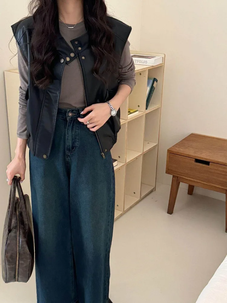 

Женская кожаная куртка без рукавов в винтажном стиле, весна 2026, для мотоциклистов, повседневная, модная, верхняя одежда