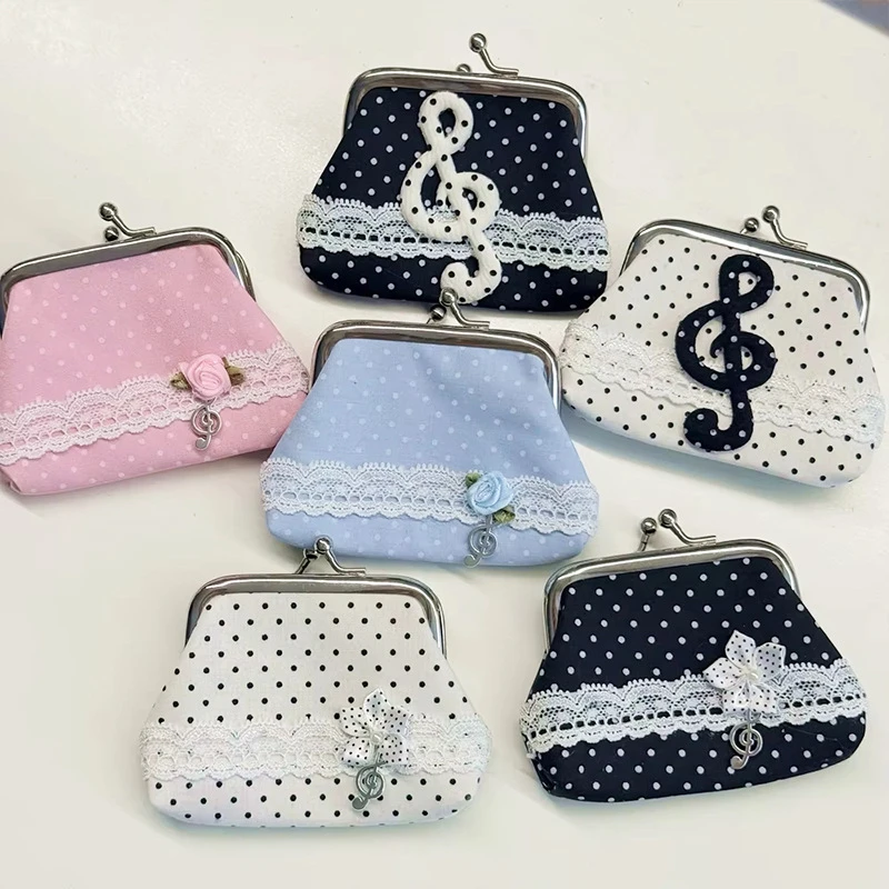 Y2k Polka Dot Clip Purse,cute Handmade Lace Flower Musical Note Decor Vintage Coin Purse Pendant Portable Headphone Storage Bag