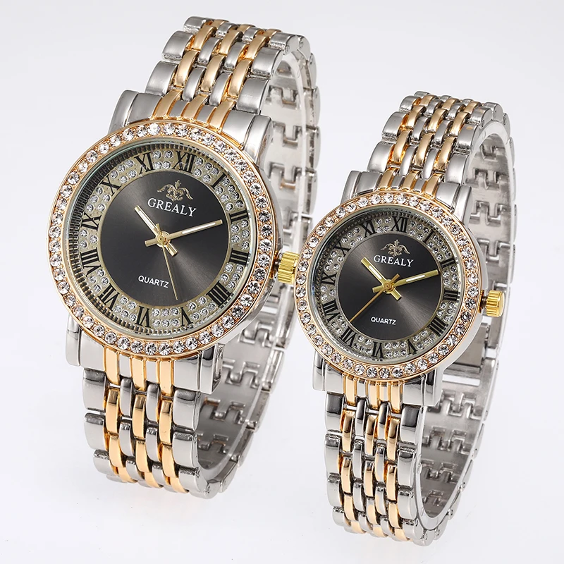 ساعة كوارتز للزوجين عصرية مرصعة بالألماس والسماء المرصعة بالنجوم والأرقام الرومانية مجموعة ساعات للرجال والنساء