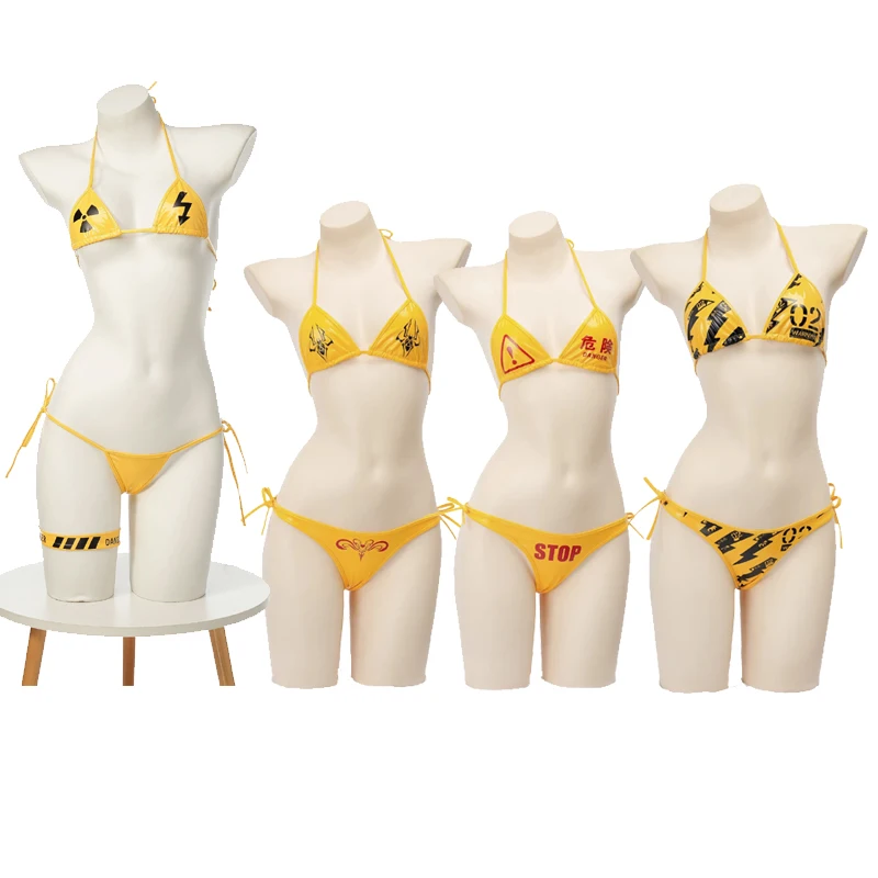

Sexy Anime Misaka Mikoto Cosplay Three Point Leather Underwear Set Danger Warning PU Leather Bikini Swimsuit Swimwear Bathing