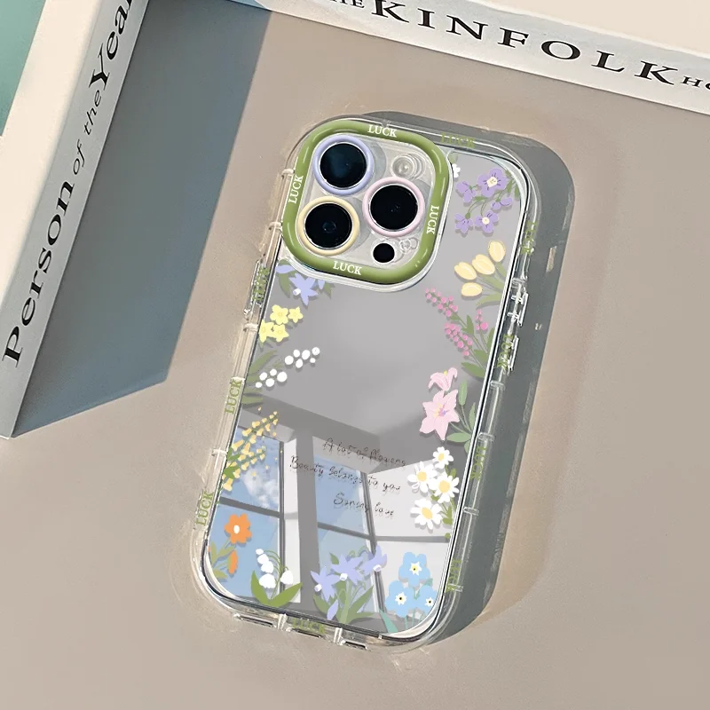 

Корейский зеркальный полноэкранный чехол с цветами для iPhone 16, 15, 14, 13, 12, 11 Pro Max XR XS MAX 7, 8 Plus Y2K, чехол с защитой от падения, Ins