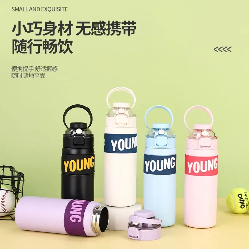 660ML 304 Stainless Steel Large Capacity  Bouncing Cup Double Layer Vacuum Flask Drink Outdoor Portable Straw Sports Kettle