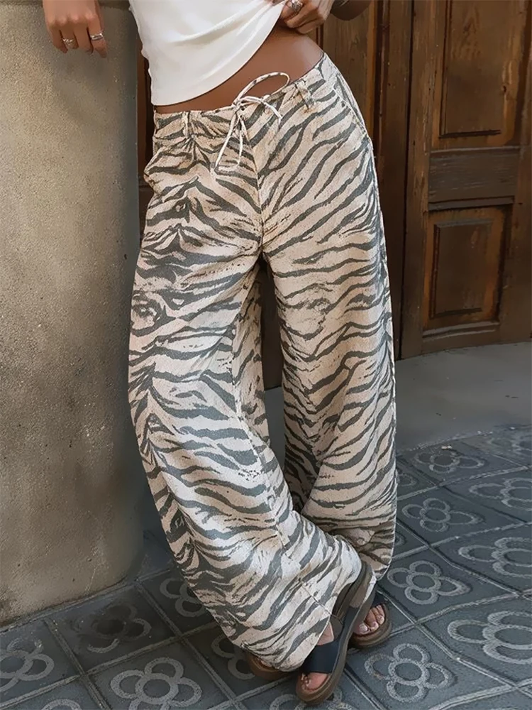 Women's Lightweight Zebra Print Wide Leg Pants High Waist Drawstring Loose Trousers Casual Beach Pants Summer Holiday Outfit