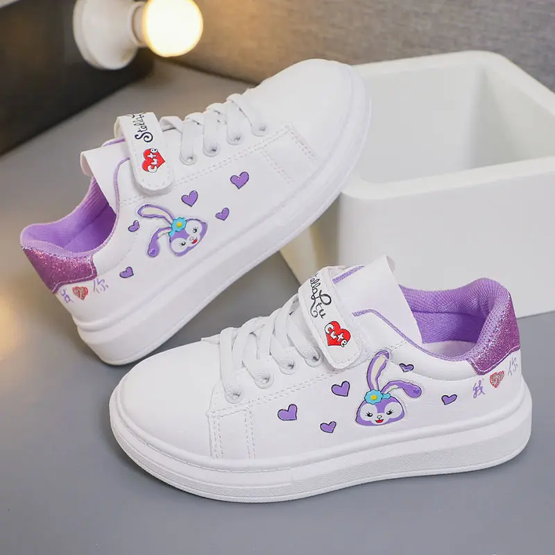 Disney White Casual Shoes For Girls Cartoon StellaLou Pattern PU Leather Board Sports Pink White Shoes Flats Sneakers Size 25-36