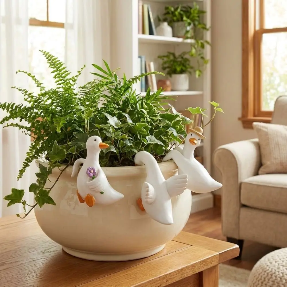 3PCS/SET Resin Duck Flowerpot Pendant Adorable Shape Realistic Simulated Animal Ornaments Whimsical Style Flower Pot Decor