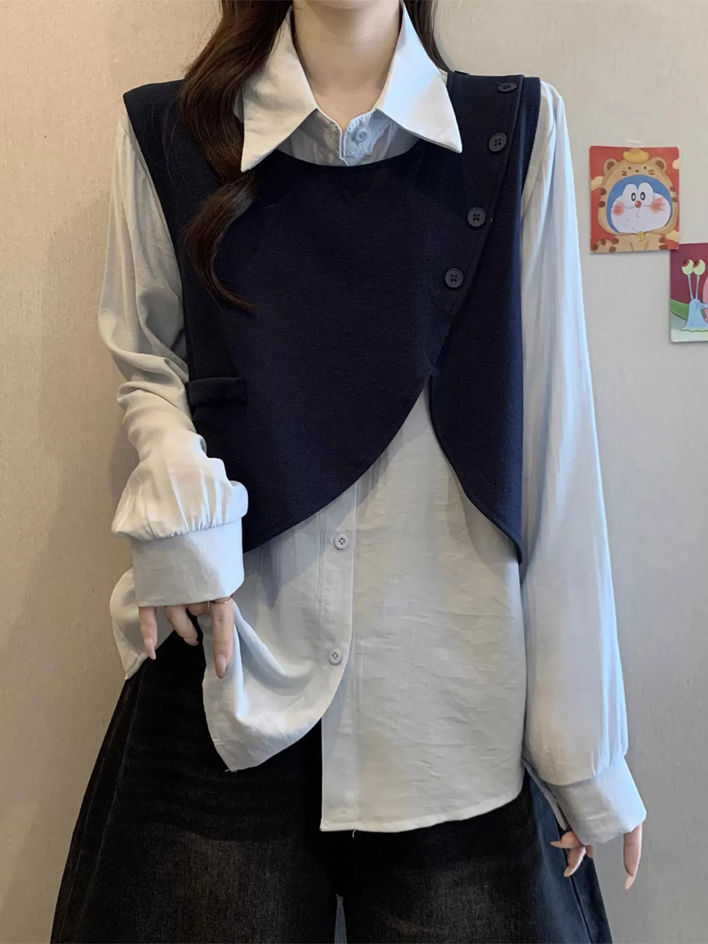 

Faionable Blue irt Vest Set Women's Large Size Fat MM Layering Two-Piece Top Korean Sle Loose Fit Long Sve Collar