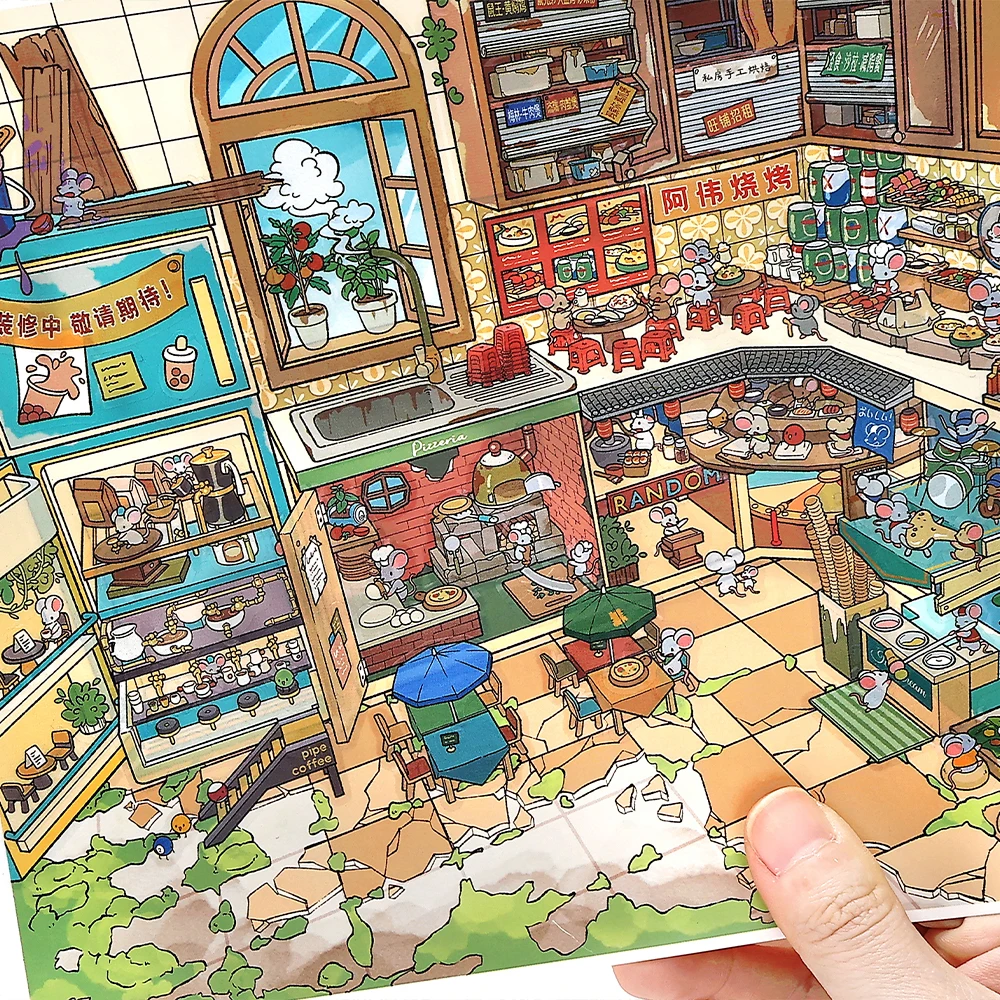 Kawaii Food Street 3D Trading Market Landscape Sticker  DIY Pocket Cabin Scene festival gift ﻿