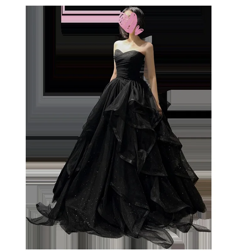Temperament Black Elegant Wedding Party Dresses Strapless Tiered Draped graduate Robe 2025 New Ball Gown Formal DressQuinceanera - Image 5
