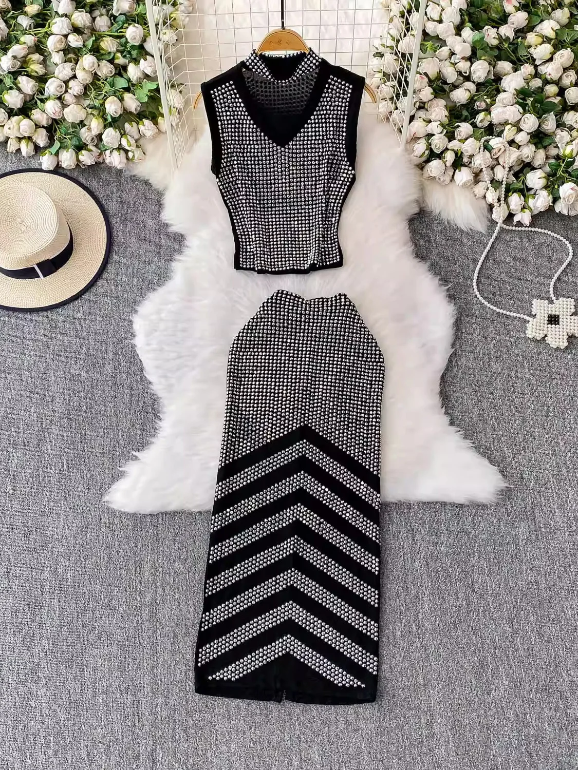 

Summer Women Black/Silver Diamonds Patchwork Two Piece Set Elegant Halter Hollow Out Sleeveless Short Tops + Slim Midi Skirt New