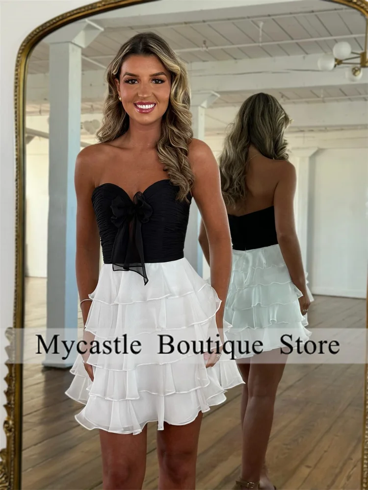 

Customized Black and White Tiered Sweetheart Short Prom Dress 2025 Bow Summer Dress Formal Party Dress A-line Chiffon Dress