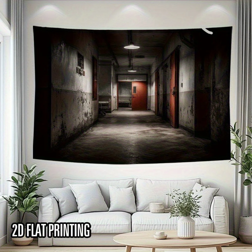 Un bannière de fond de couloir d'hôpital abandonné d'Halloween - Décoration murale en tissu polyester durable, ornement d'Halloween