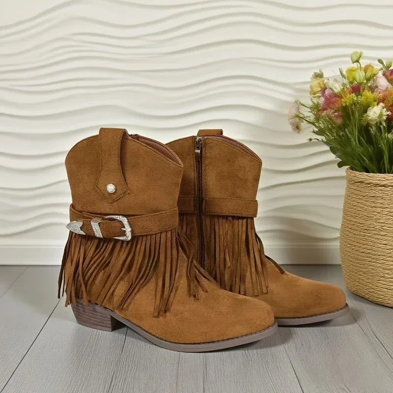 

Fashion Pointed Toe Sleeve Metal Buckle Soft Sole Non-slip Tassel Leather Shoes Low Heel Booties