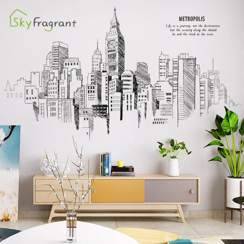 Simple Line Wall Sticker Creative Modern City TV Sofa Background Self-adhesive Home Decoration Porch Living Room Decor Stickers