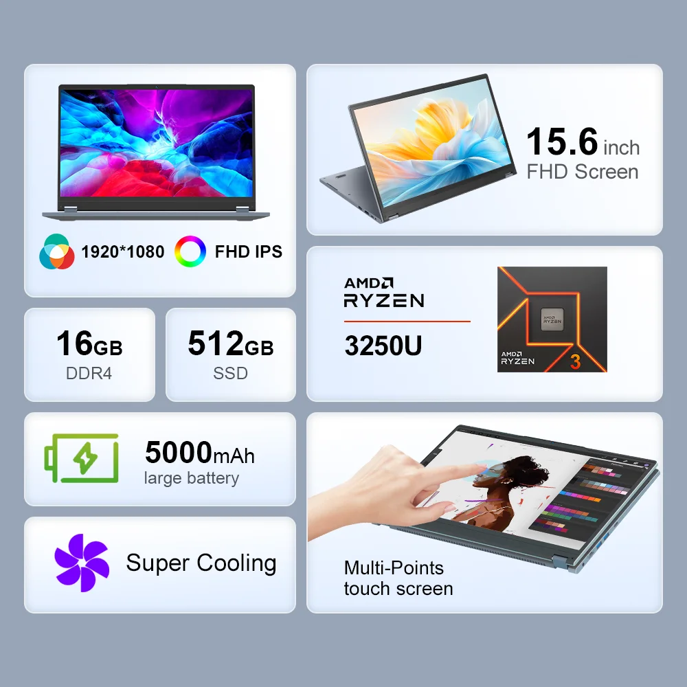 Ninkear YBOOK15 Portátil 2 en 1 de 15,6 Pulgadas AMD Ryzen 3 3250U 16GB DDR4 RAM 512GB SSD Convertible con Pantalla Táctil Giratoria 360° FHD Radeon Vega 3 USB-C HDMI WiFi Bluetooth Ordenador Portátil Windows Ligero