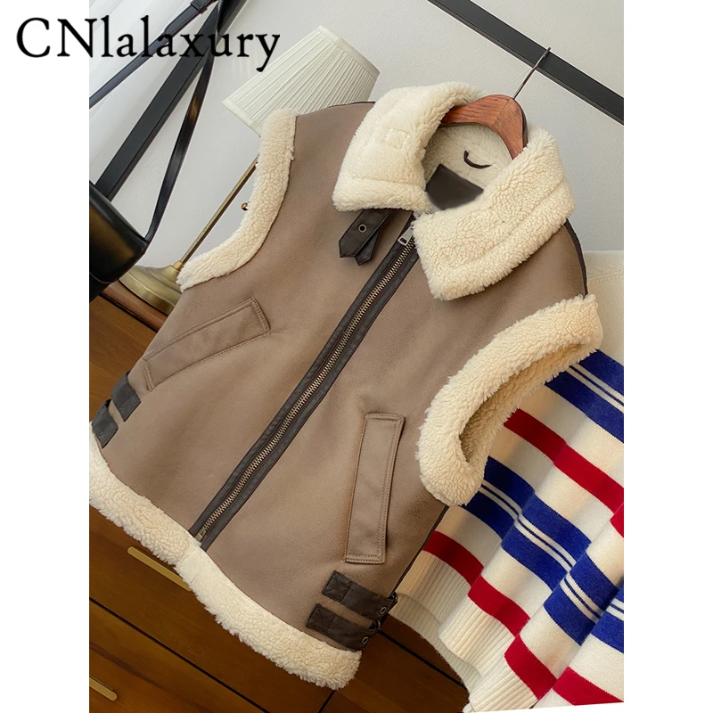 CNlalaxury Women Fashion Patchwork Sleeveles Leather Vest Waistcoat Loose Lapel Suede Jacket Coat 2023 Autumn Chic Outwear