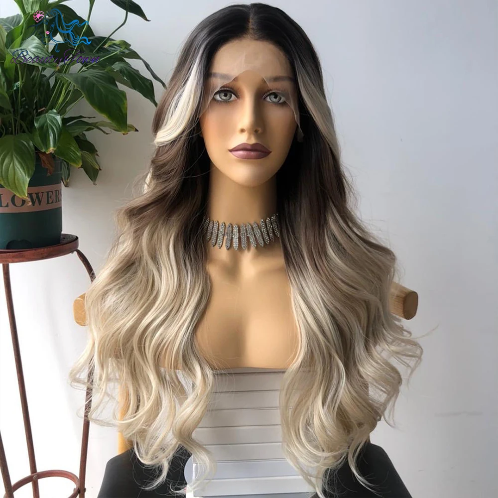 Grey Blonde 13x3 Synthetic Lace Front Wig Ombre Brown Blonde Body Wave Wigs for Women Heat Resistant Cosplay Daily Use Wig 180%