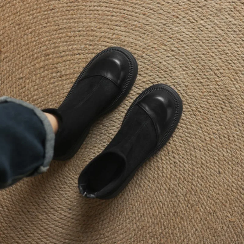 2026 النساء حذاء من الجلد حذاء بكعب سميك جولة تو أسود براون سيدة عادية الخريف الشتاء أحذية دافئة حجم 41