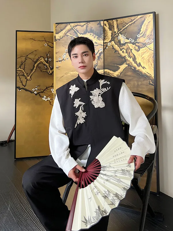 

Retro Chinese Sle Embroidered Vest Men's Faion Irregular Collar Stand-up Collar Single Button Casual Loose Fit Autumn Wear