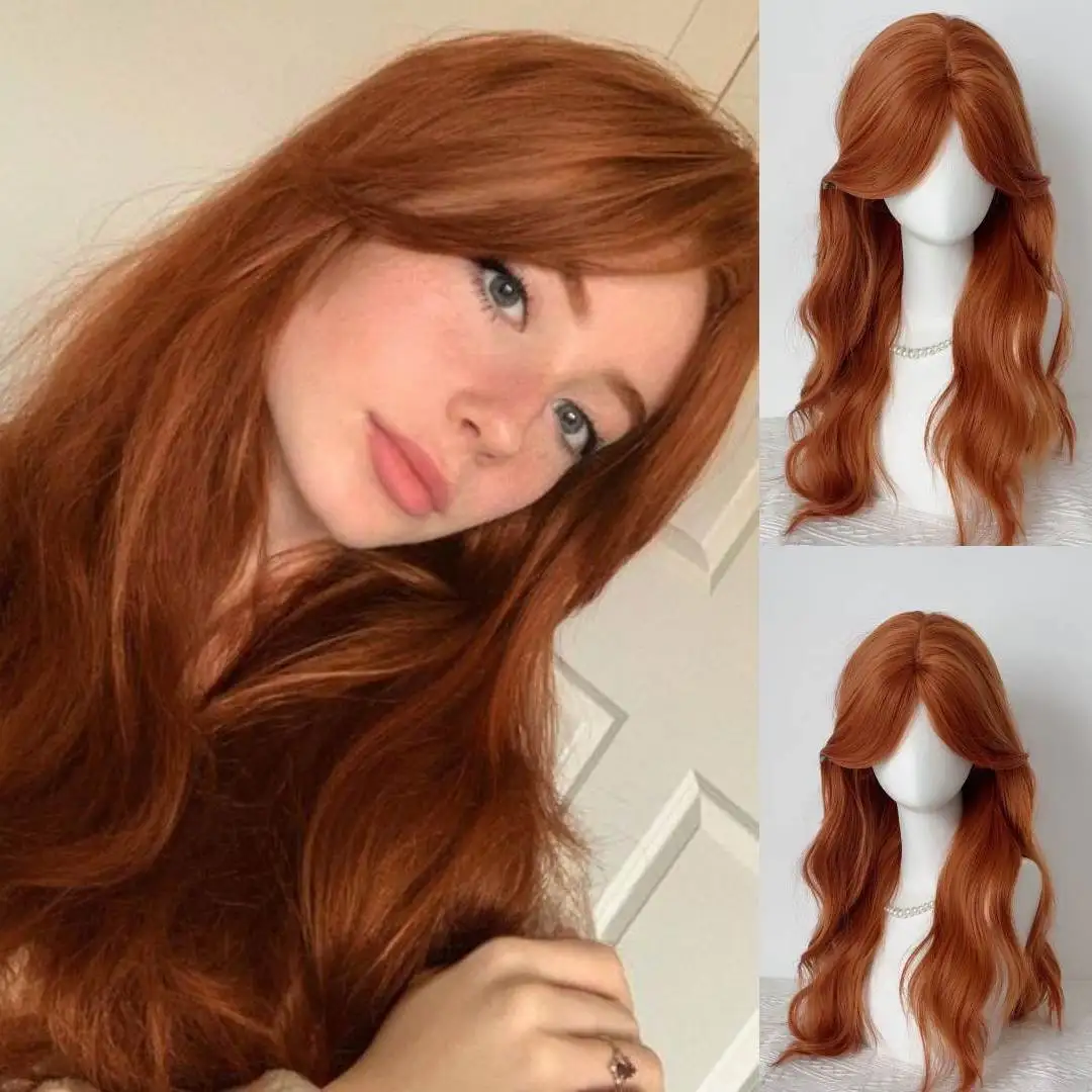 

Ginger Orange Color Long Wave Hair Synthetic Wigs Middle-parted Bangs for Fashion Women Heat Resistant Ginger Copper Daily Wig