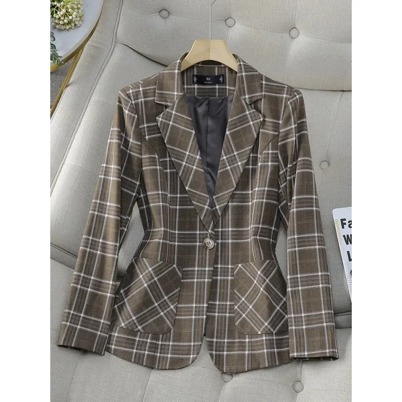 Fashion Women's Blazer Ladies Jacket Khaki Coffee Green Plaid Long Sleeve Female Business Work Wear Formal Coat With Pocket