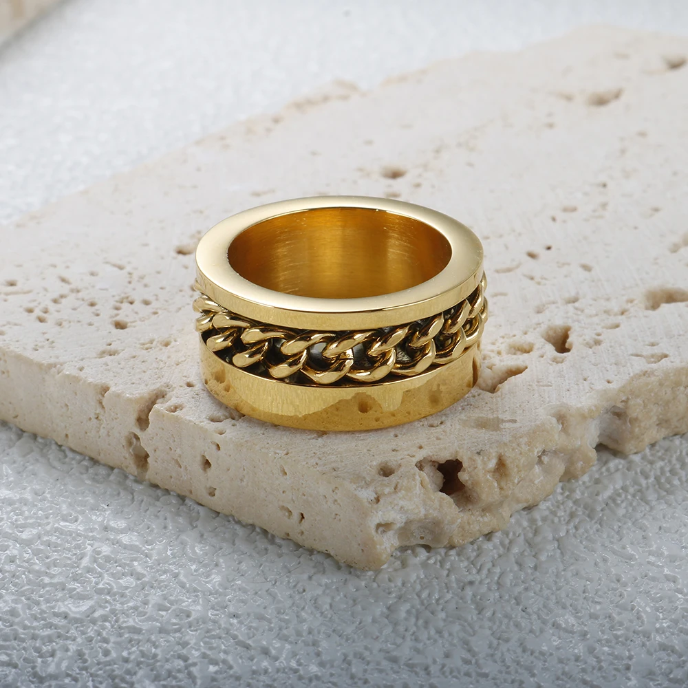 Punk Stainless Steel Cuban Curb Link Chain Ring For Men Women Gold Color Twist Pattern Crystal Finger Rings Female Jewelry