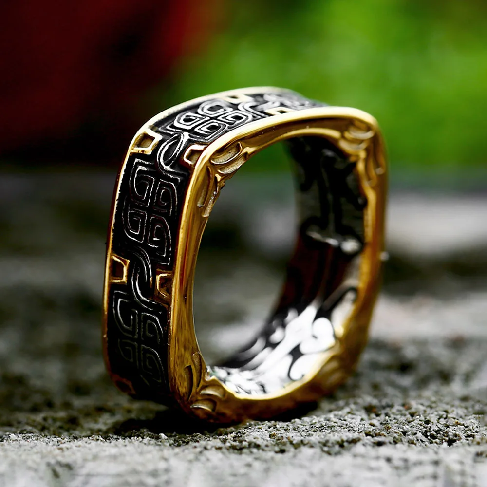 Vintage Fashion Square Embossed Pattern Rings For Men Women Stainless Steel Nordic Viking Amulet Ring Party Charm Jewelry Gifts