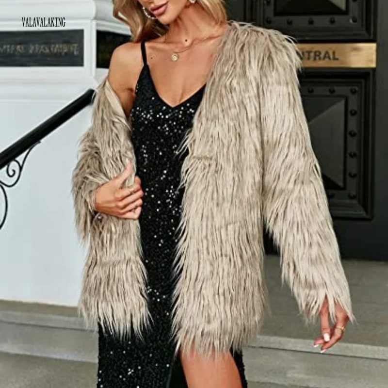 2025 Women Winter Furry Plus Size Faux Fur Coat Female Tassel Long Sleeve Plush Jacket Lady Large Fake Fur Warm Fluffy Cardigan