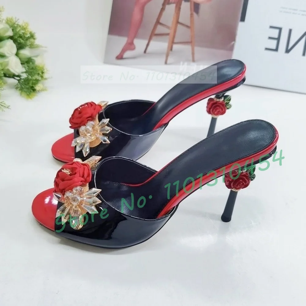 Retro Flower High Heels slippers Women Luxury Crystal Patent Leather Shoes Summer Ladies Gorgeous Open Toe Appliques Slippers