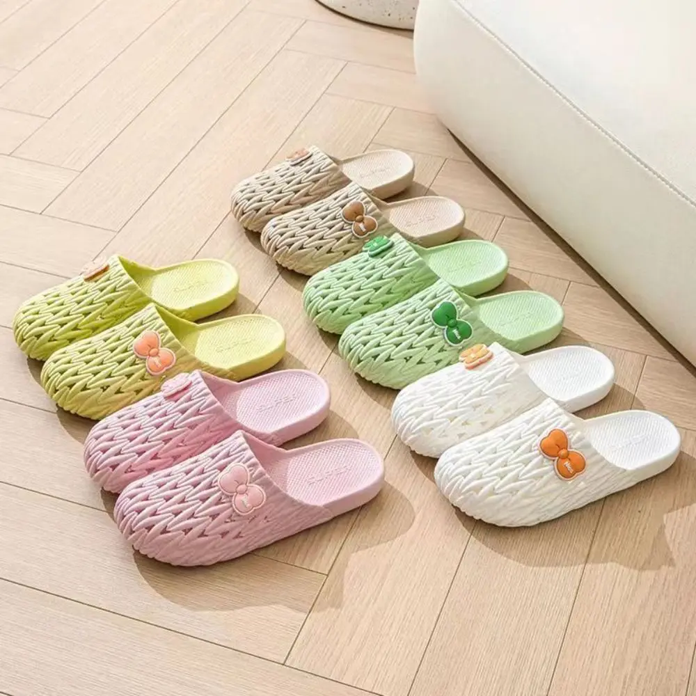 Korean Style Anti Slip Hollow Out Flat Slippers PVC Beachwear Sweet Bowknot Sandals Shoes Cover Toe Slipper Women Summer