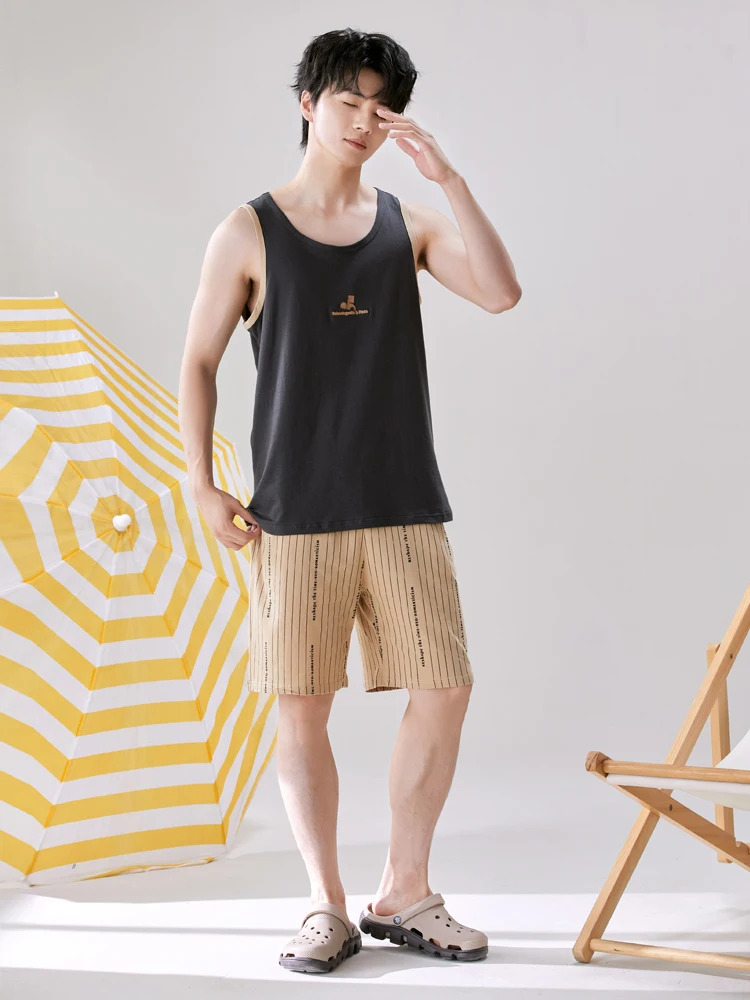 Conjunto de Ropa de Dormir de Verano para Hombre Doral, Camiseta sin Mangas de Algodón Puro, Pantalones Cortos, Ropa para el Hogar, Corte Holgado Informal, Cuello Redondo