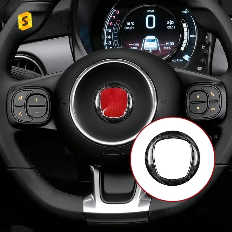 

Shasha Carbon Fiber Real Dry Cover Steering Wheel Center Logo Trim Sticker Interior Accessories Trim For Fiat 500