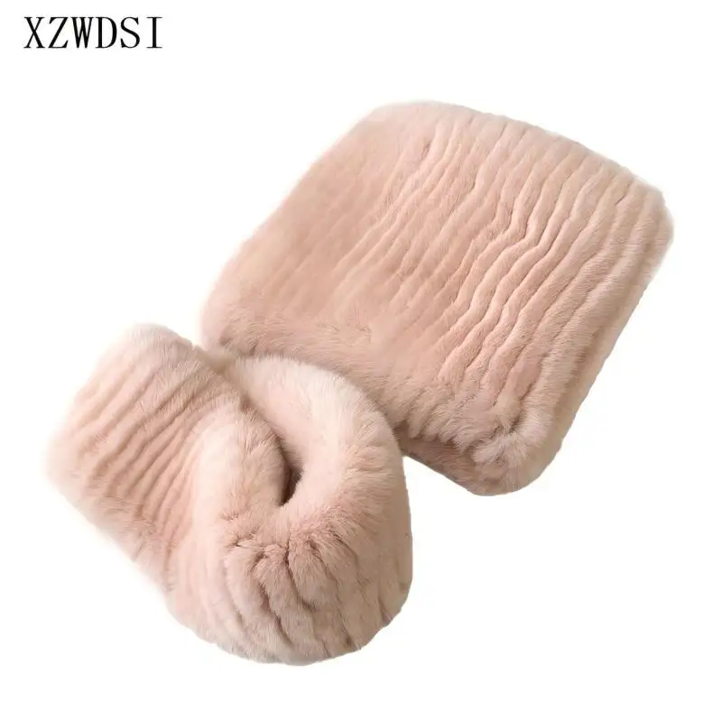 Real Fur Strips Sewed Knitting Liner Women Plush Beanies Rex Rabbit Fur Hat and Scarf Sets