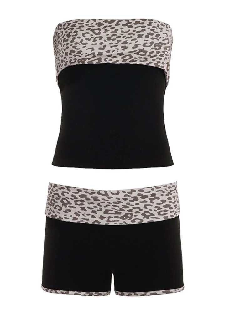 Stsss verão y2k hottie conjunto de 2 peças feminino sexy leopardo impressão retalhos sem alças sem mangas colheita topo & shorts finos combinando terno