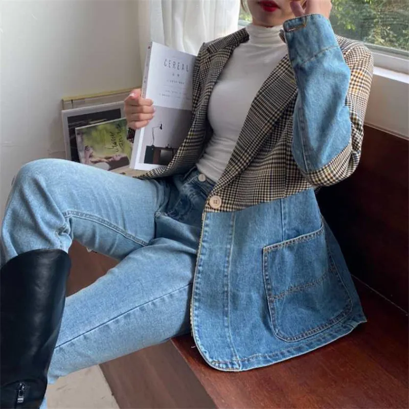 Korean Plaid Suit Collar Blazer Splicing Denim Jacket Women Mid Long Big Pocket Cowboy Outerwear Vintage Jeans Jackets Female