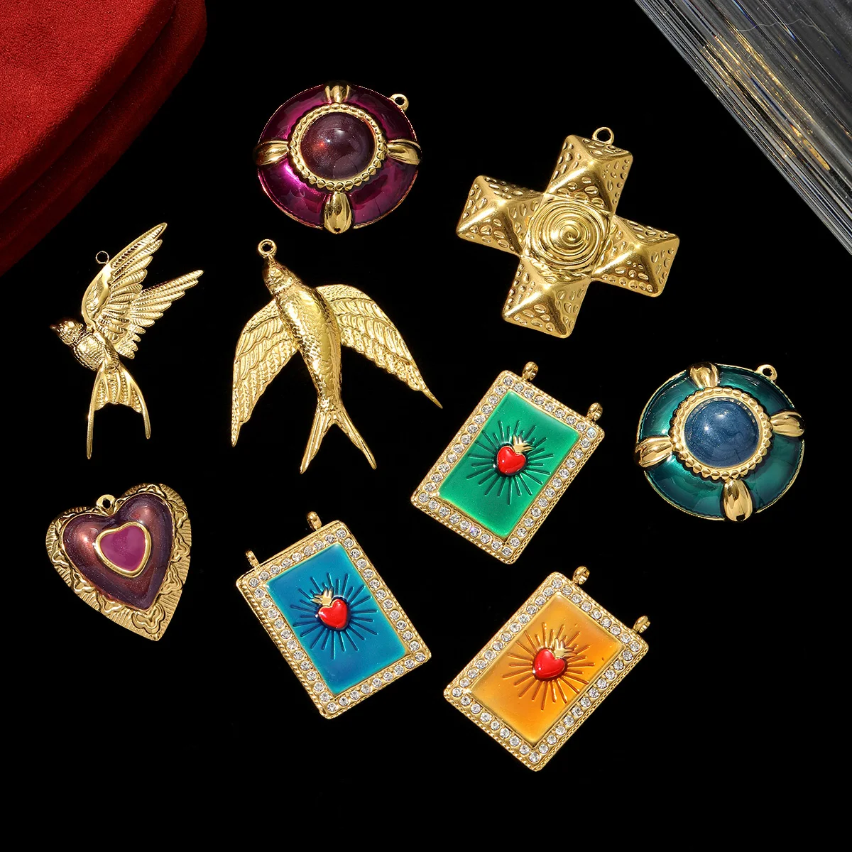 3pcs/Lot Fashion Retro Stainless Steel Enamel Love Heart DIY Earring Charm Swallow Dove Necklace Pendant Women Cross Jewelry