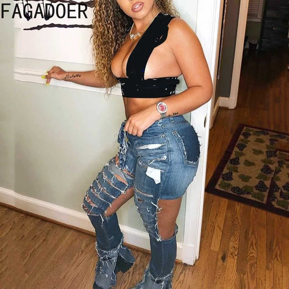 

FAGADOER Fashion Ripped 2024 Sexy Denim Pants Women Back Hollow Out Design Skinny Stretchy Flare Pants Elastic Slim Jean Female