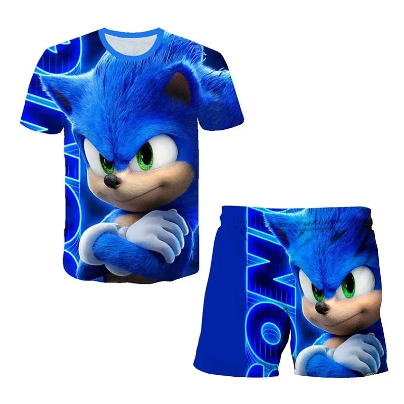 Sonic The Hedgehog Top Fashion 3D Anime Kinder-T-Shirt-Set, kurzärmelig + Shorts, zweiteiliges Set, Mädchen, Jungen, Cosplay-Kostüm