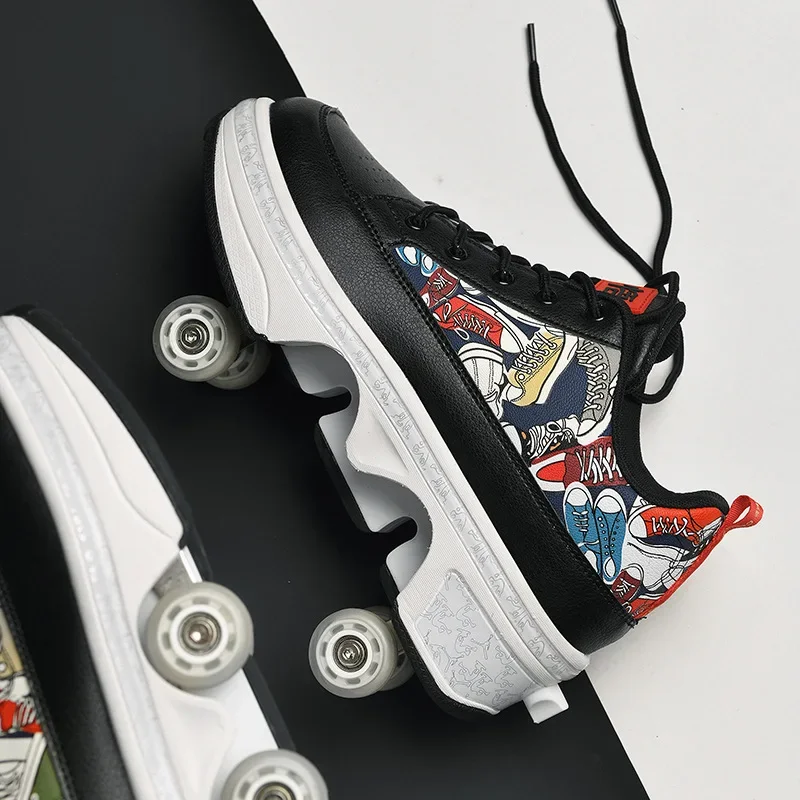 

Four Wheels Deformed Roller Skates Girls And Boys Children Retractable Flying Shoes Fashion Kids & Adults Sneakers Size 33-43