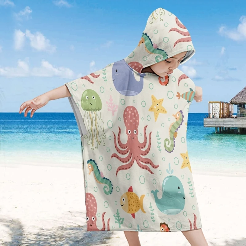 Lightweight Kids Beach Poncho Sun Guard and Water Resistant Cape Bath Towel Lovely Print Travel Beach Bathrobe