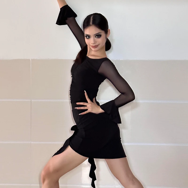 Traje de baile latino para mujer, mono negro de manga larga, falda Irregular, ropa de actuación de Tango y Rumba para adultos, ropa de práctica VDL2804