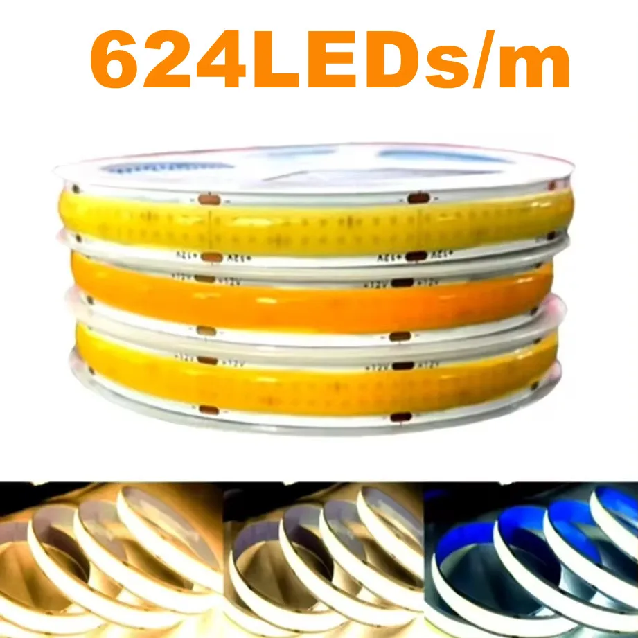 

COB LED Lights Strip DC12V/24V High Brightness Flexible FOB LED Tape Double Row 624LEDs/M Dimmable 3000K 4000K 6000K RA90 Strip