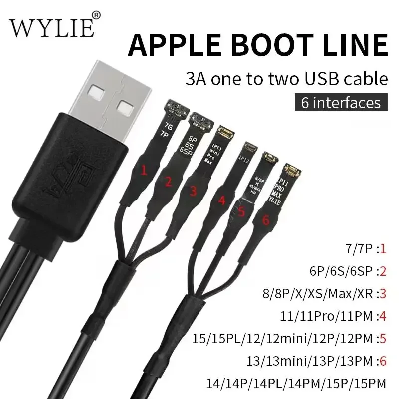 WYLIE Power Cord 3A 1To2 USB Cable (6 Interfaces) DC Power Supply Cable FOR iPhone 6S-15Pro Max Motherboard Repair Boot Line