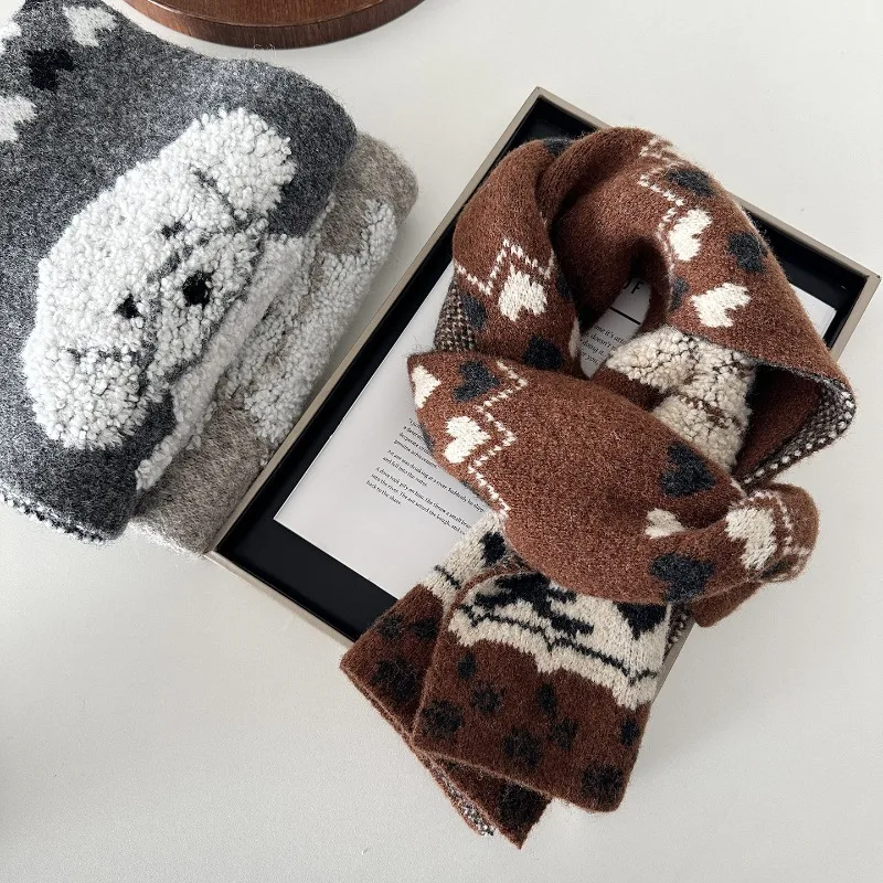 

Милый зимний вязаный шарф с медвежонком, теплый и уютный, свежий и очаровательный, для студентов и пар.