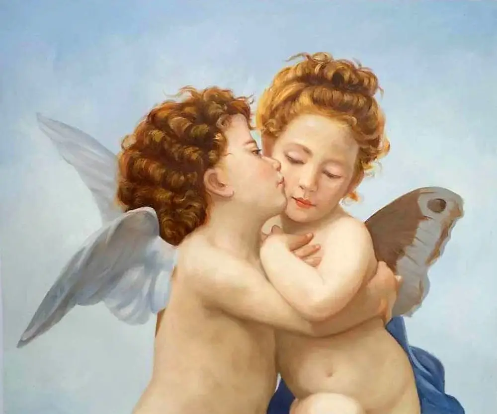 Classic Angel Canvas Art Oil Painting - First Kiss by William Adolphe Bouguereau High-Quality Bedroom Decorative Painting