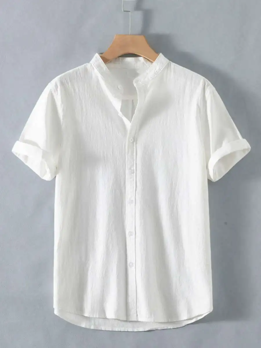 

Summer Men's Cotton Linen T-Shirt Casual Short Sleeve Pure Color Simple Style Loose Fit Shirt Trendy Basic Menswear